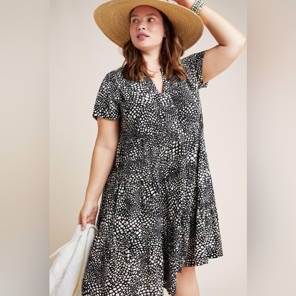 Anthropologie Maeve Sacha Harper Tiered Black & White Babydoll Dress Size Large